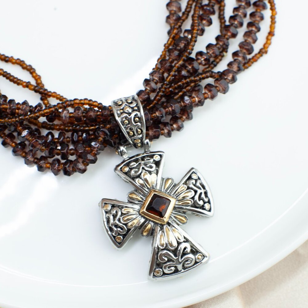 MX Multi Strand Brown Glass Bead Cross Necklace 17”
